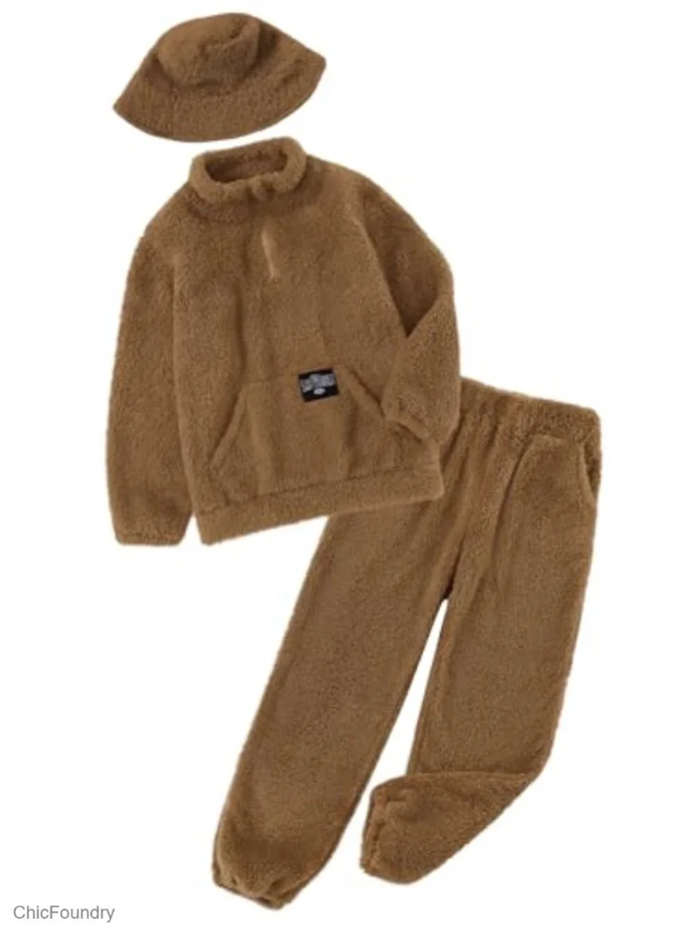 Girls 3 Piece Fuzzy Fleece Pants Set with Quarter-Zip and Hat